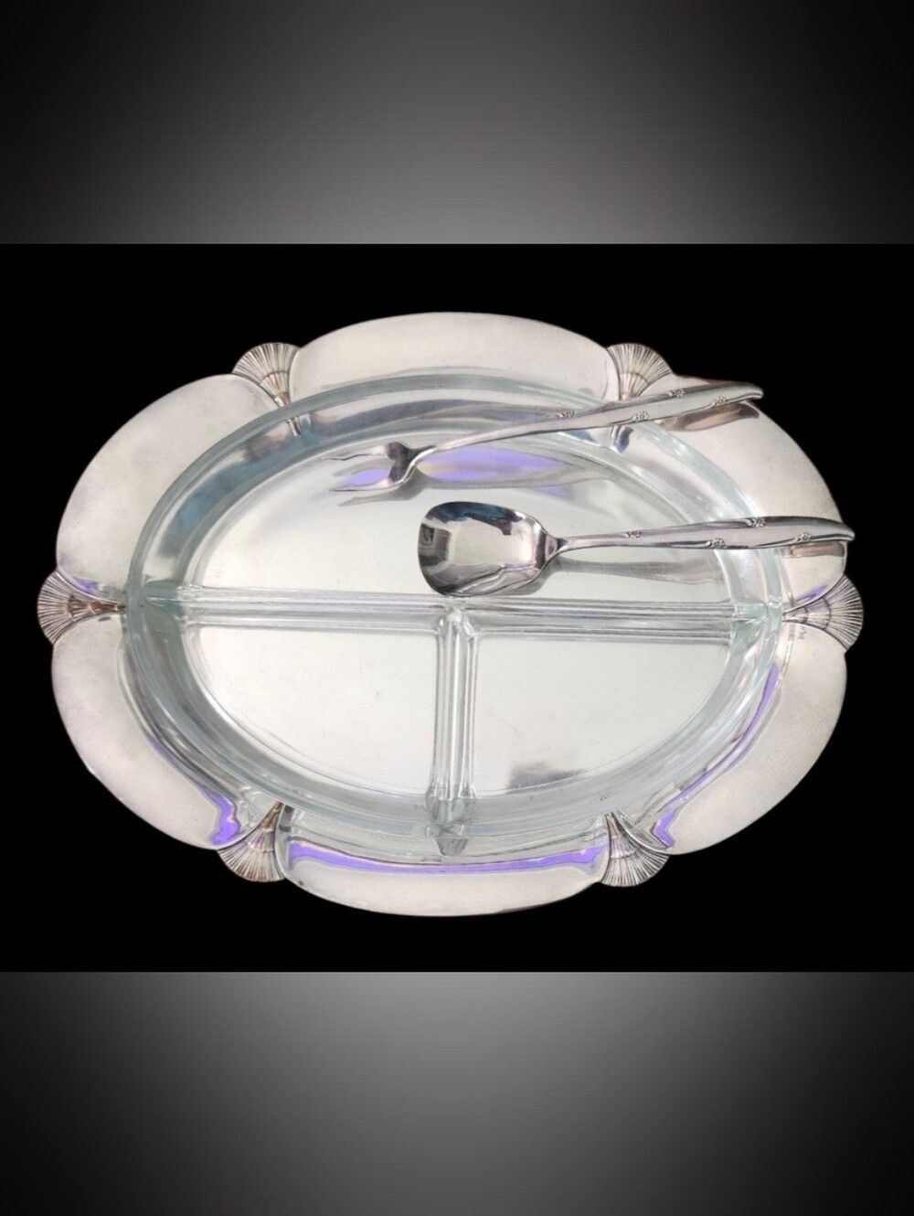 11-1/4" Silver Plated Oval Serving/Relish Dish with Oneida Community Utensils
